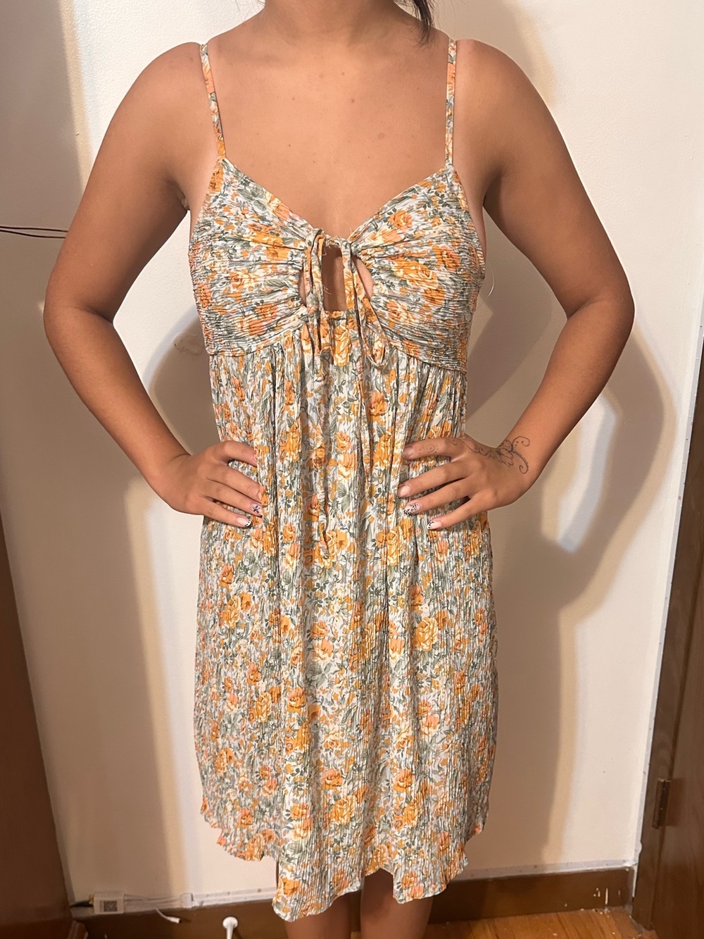 Altar'd State Dusty Blue Floral Dress with Rust Blooms